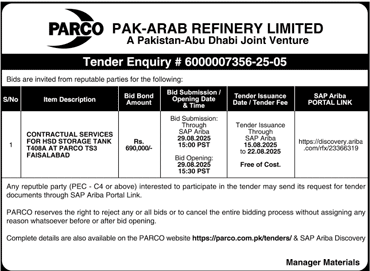 Pak Arab Refinery Limited Tender Notice